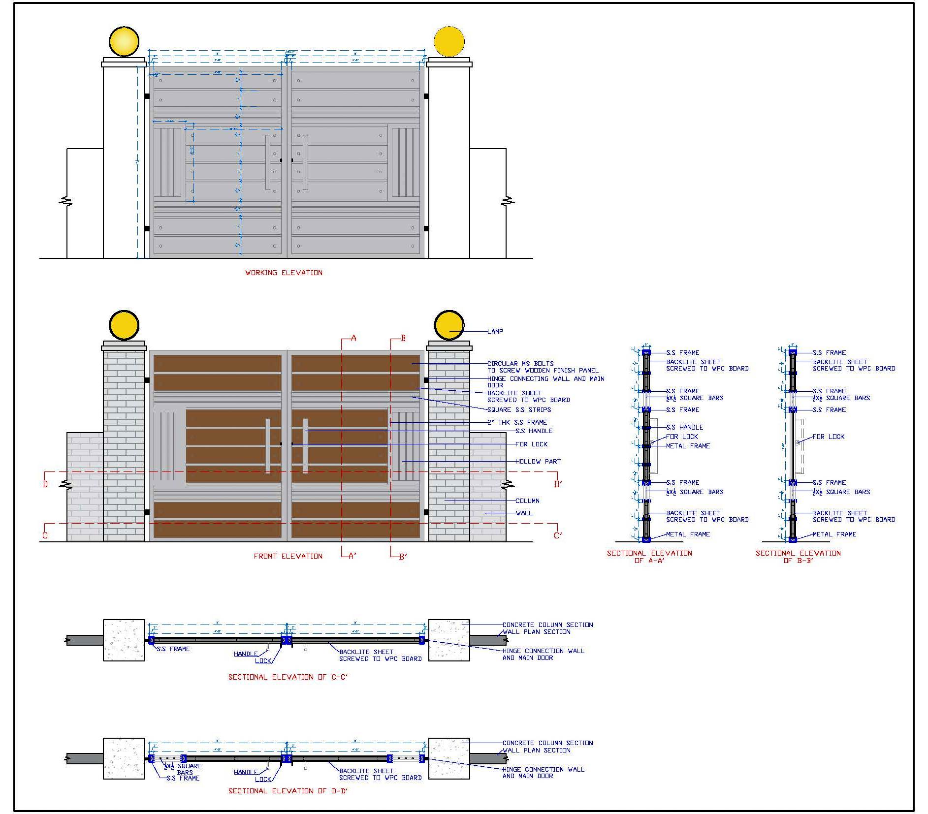 Main Gate AutoCAD Drawing Detailed Plan, Elevation, Sections